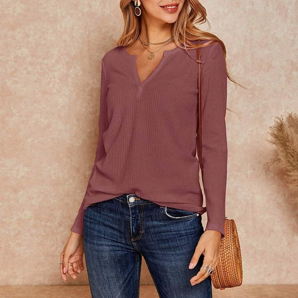 Hauts Henley en maille gaufrée à col en V pour femmes