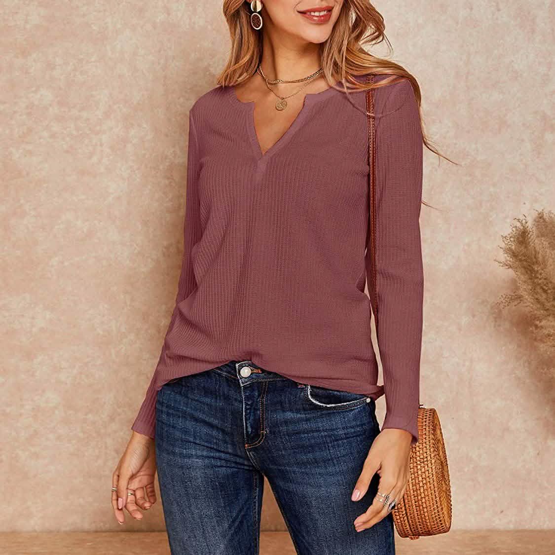 Hauts Henley en maille gaufrée à col en V pour femmes