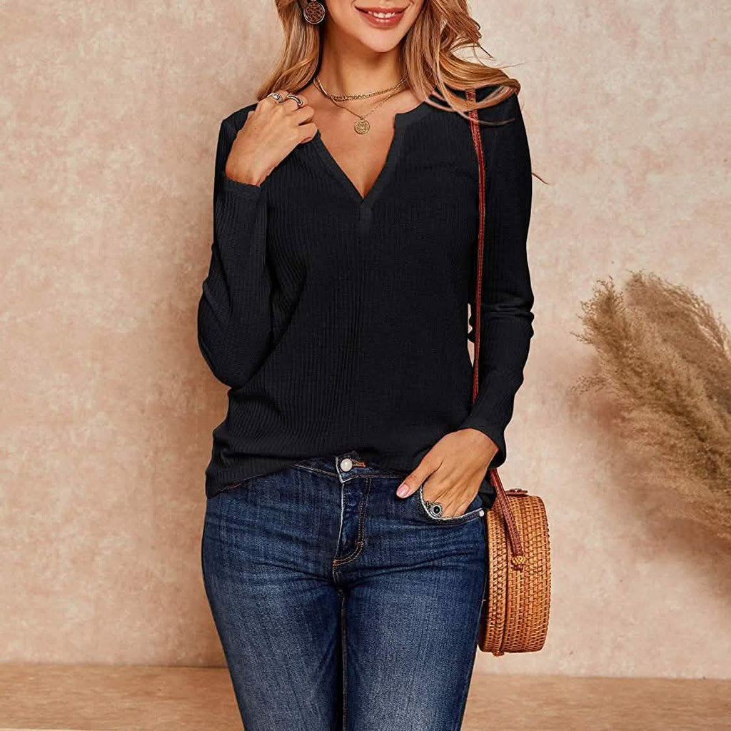 Hauts Henley en maille gaufrée à col en V pour femmes