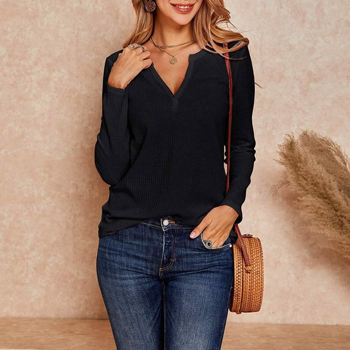 Hauts Henley en maille gaufrée à col en V pour femmes