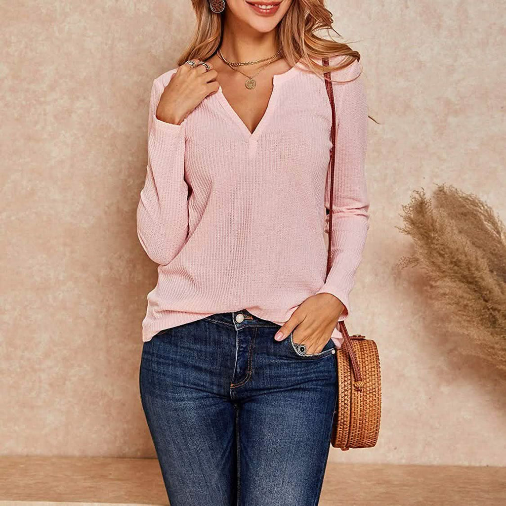 Hauts Henley en maille gaufrée à col en V pour femmes