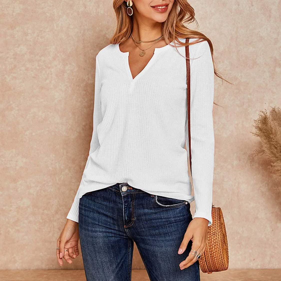 Hauts Henley en maille gaufrée à col en V pour femmes