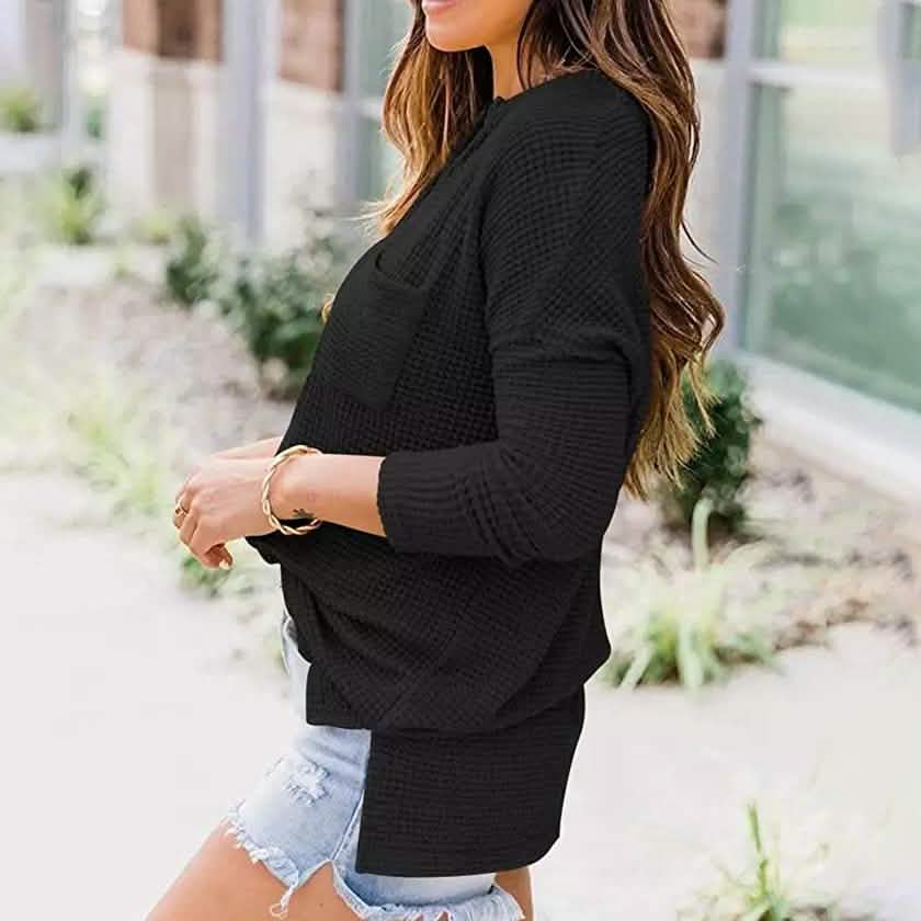 Haut pull ample col en V pour femme en tricot gaufré d'automne
