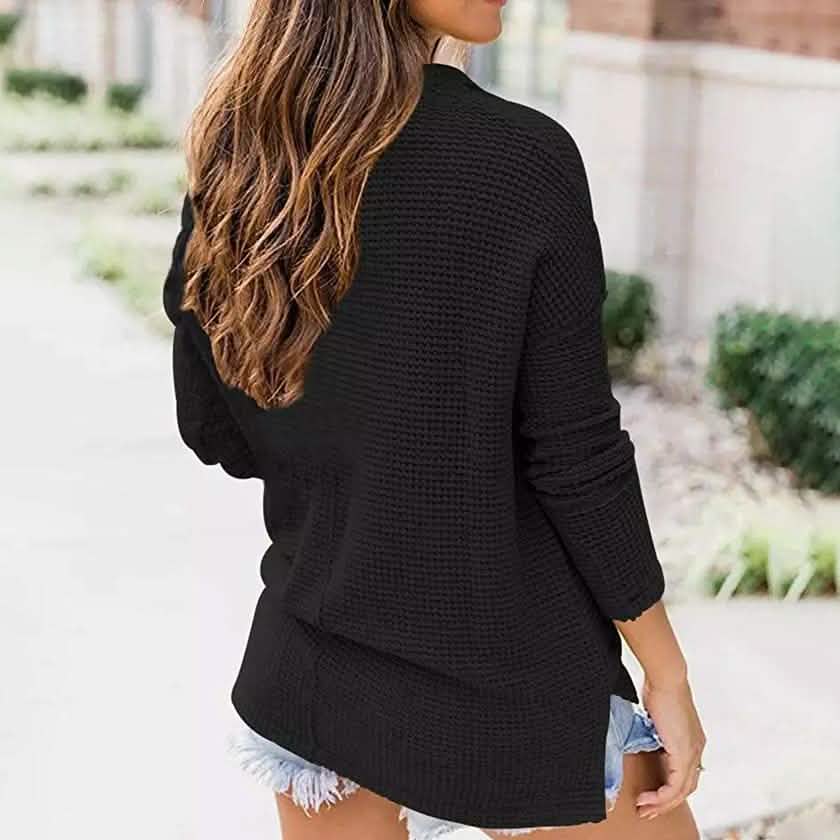 Haut pull ample col en V pour femme en tricot gaufré d'automne