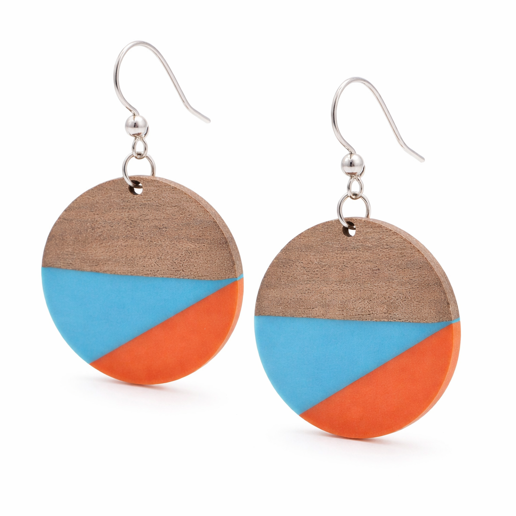 Boucles d'oreilles en bois et résine Color Block – Pendantes rétro bohème bleu orange – Crochets d'oreilles légers en argent sterling – Fabriquées à la main aux États-Unis