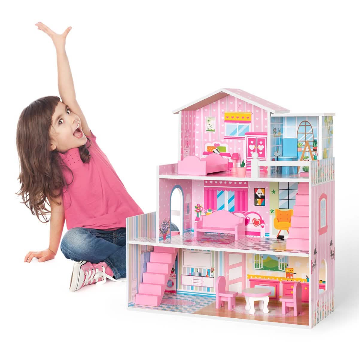 Maison de poupée en bois avec meubles, Jouet de maison de poupée pour enfants