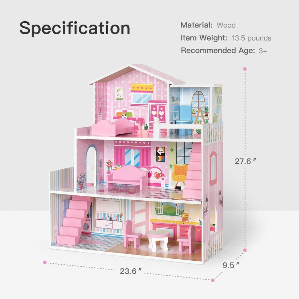 Maison de poupée en bois avec meubles, Jouet de maison de poupée pour enfants