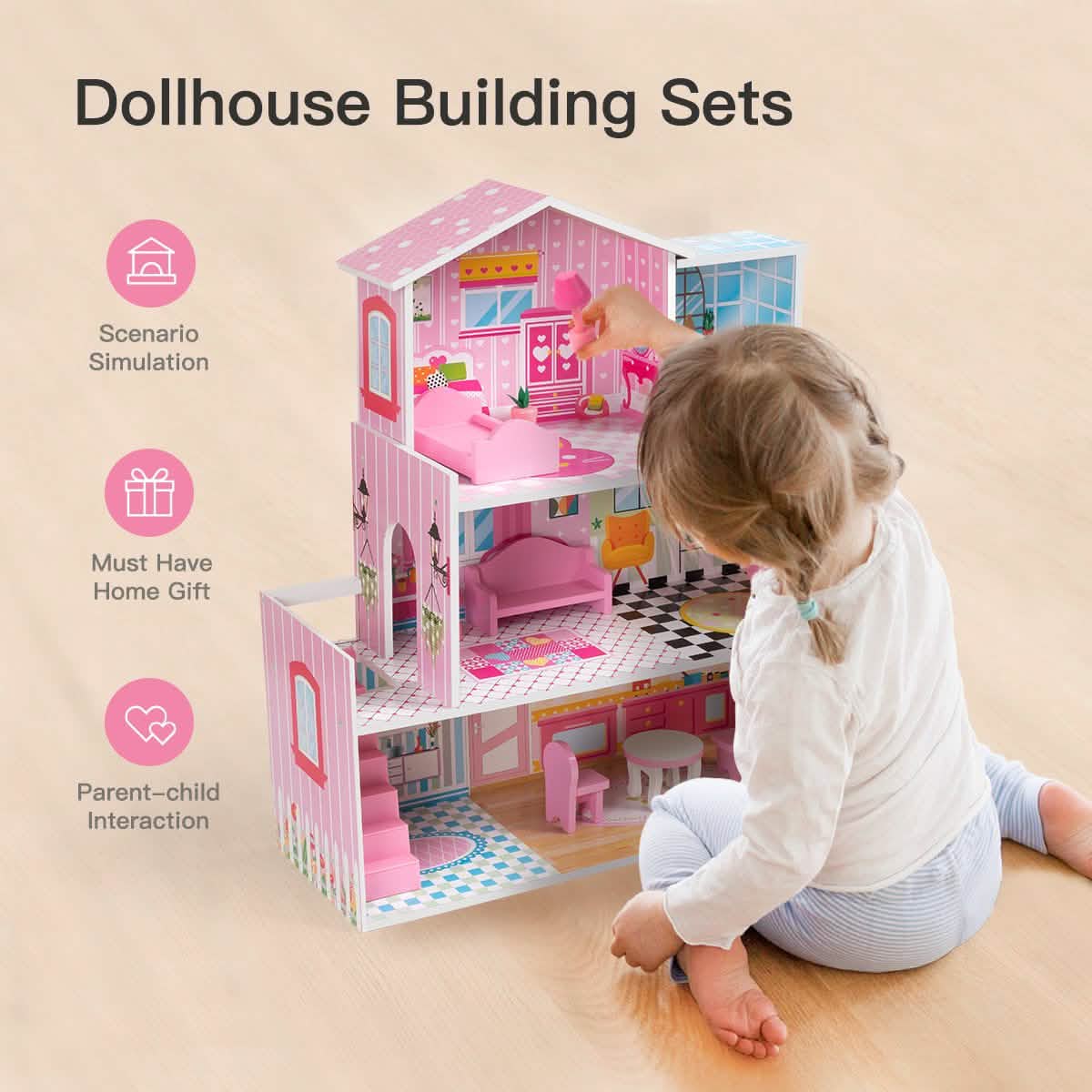 Maison de poupée en bois avec meubles, Jouet de maison de poupée pour enfants