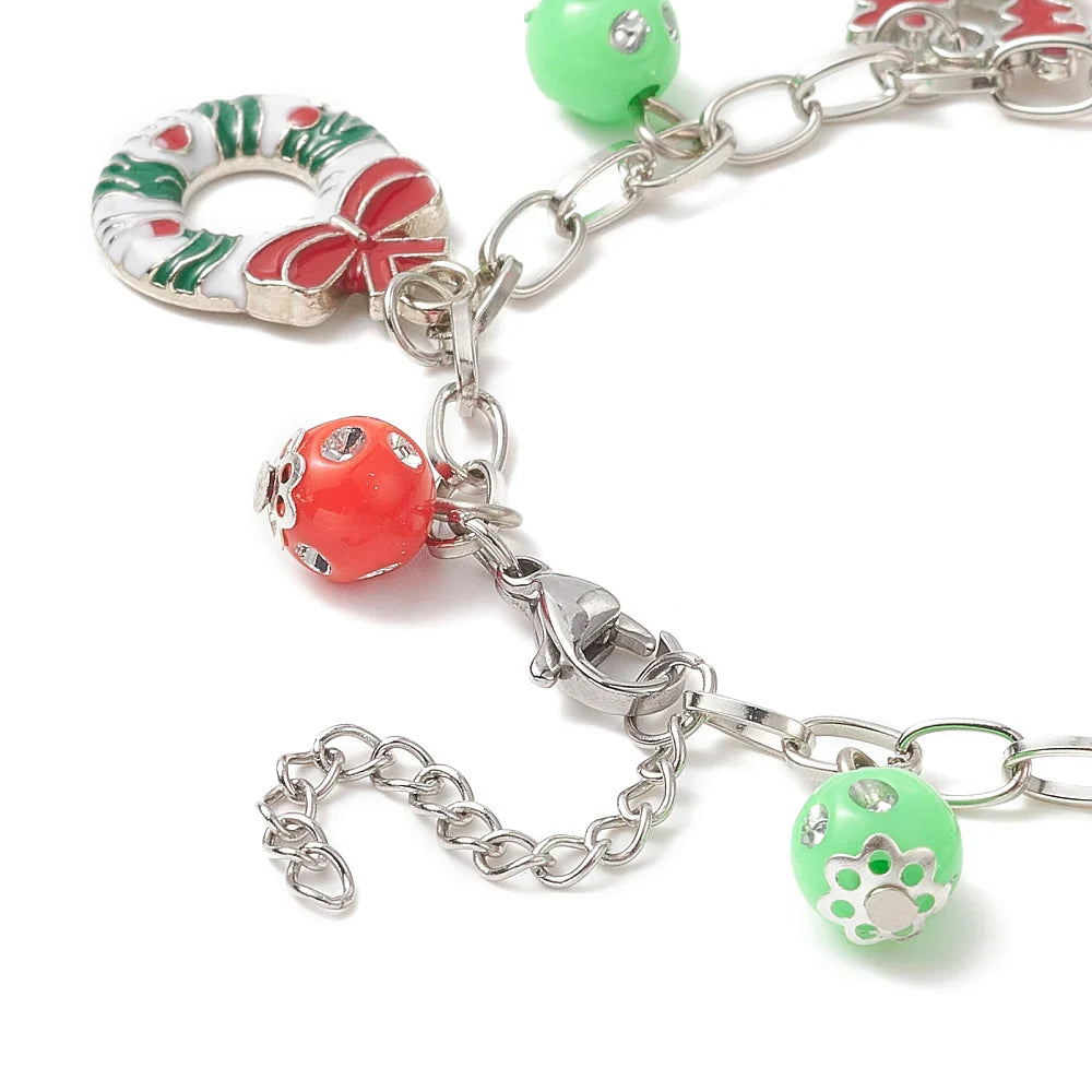 Bracelet Breloques de Noël – Breloques en Émail Festives sur Chaîne Câble en Argent