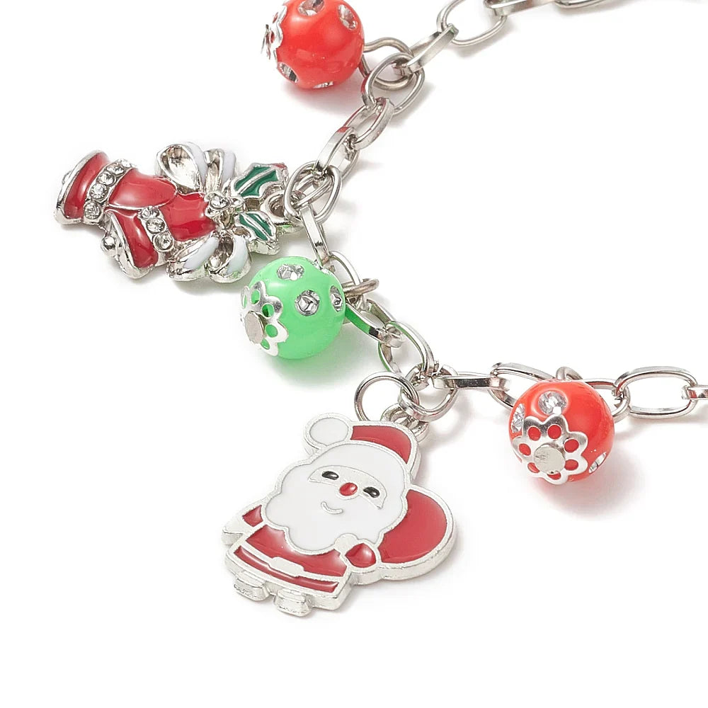 Bracelet Breloques de Noël – Breloques en Émail Festives sur Chaîne Câble en Argent