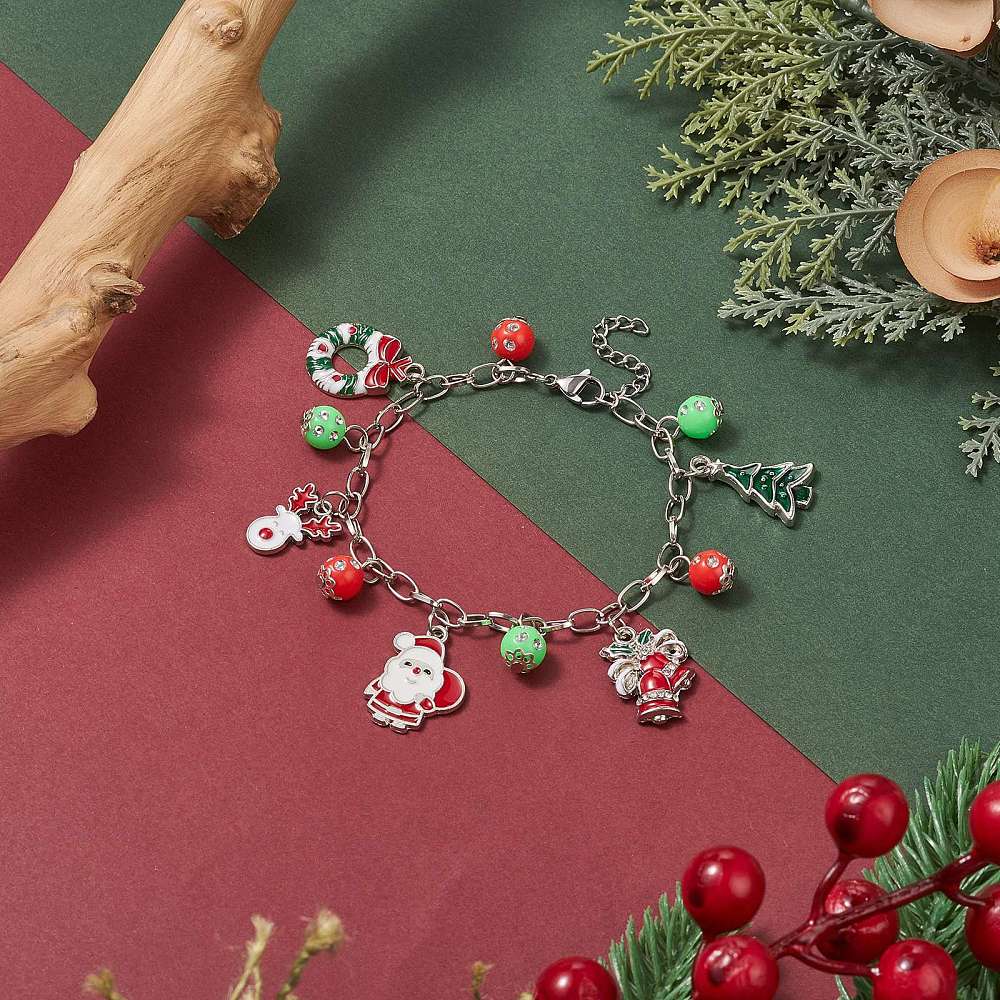 Bracelet Breloques de Noël – Breloques en Émail Festives sur Chaîne Câble en Argent
