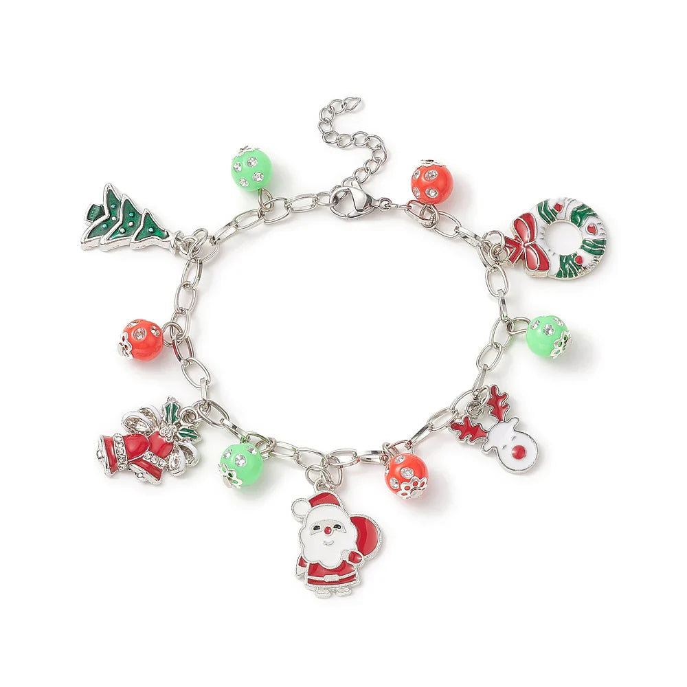 Bracelet Breloques de Noël – Breloques en Émail Festives sur Chaîne Câble en Argent