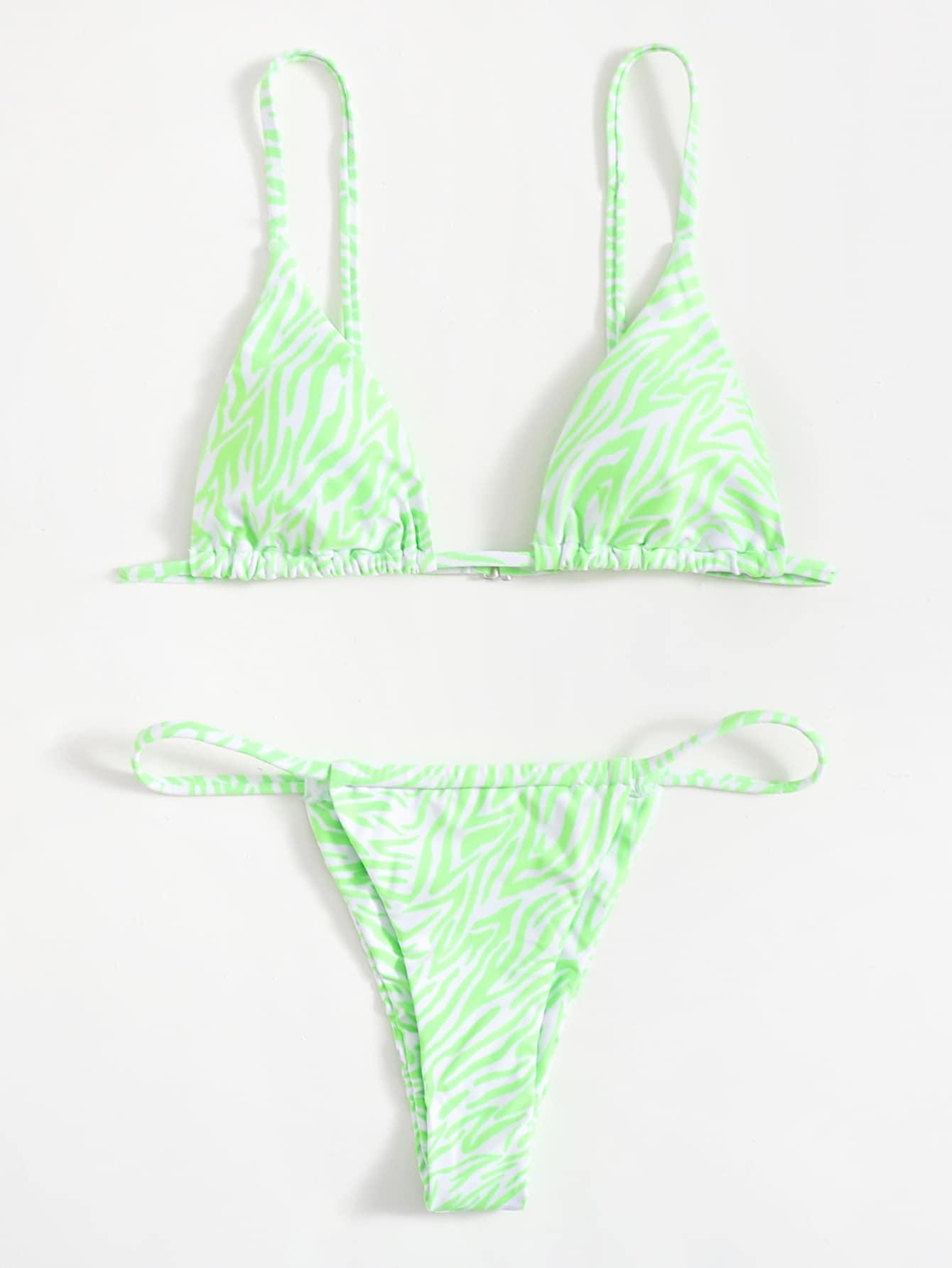 Haut de bikini push-up imprimé zèbre rembourré, maillot de bain taille basse femme, bas de bikini à volants triangle, imprimé à nouer sur les côtés, ensemble deux pièces.
