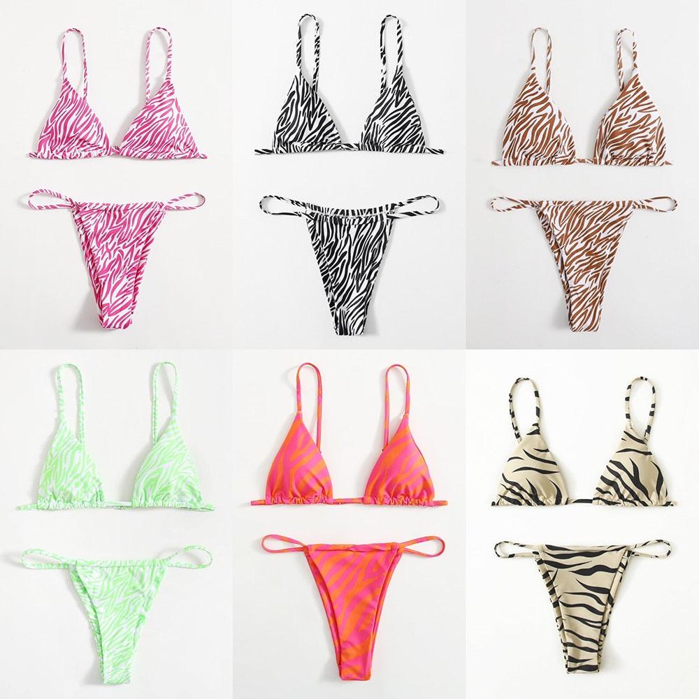 Haut de bikini push-up imprimé zèbre rembourré, maillot de bain taille basse femme, bas de bikini à volants triangle, imprimé à nouer sur les côtés, ensemble deux pièces.