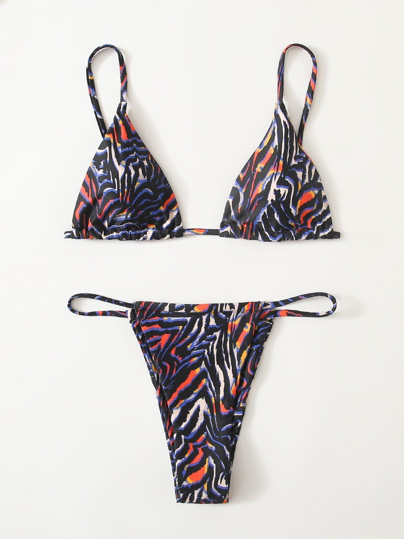 Haut de bikini push-up imprimé zèbre rembourré, maillot de bain taille basse femme, bas de bikini à volants triangle, imprimé à nouer sur les côtés, ensemble deux pièces.