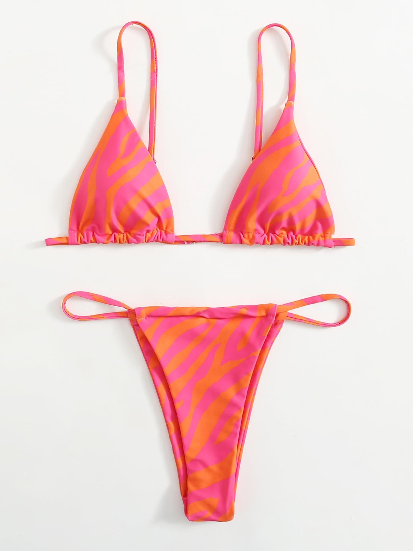Haut de bikini push-up imprimé zèbre rembourré, maillot de bain taille basse femme, bas de bikini à volants triangle, imprimé à nouer sur les côtés, ensemble deux pièces.