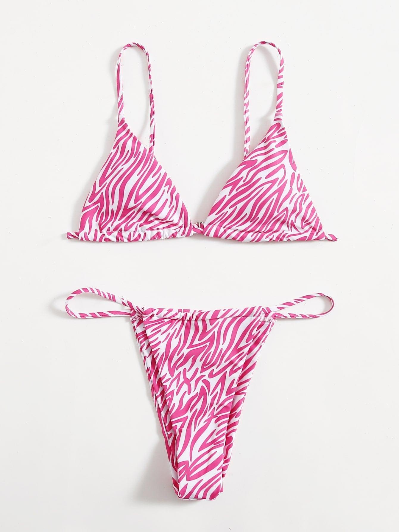 Haut de bikini push-up imprimé zèbre rembourré, maillot de bain taille basse femme, bas de bikini à volants triangle, imprimé à nouer sur les côtés, ensemble deux pièces.