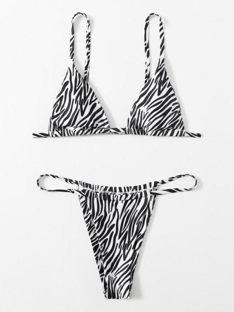 Haut de bikini push-up imprimé zèbre rembourré, maillot de bain taille basse femme, bas de bikini à volants triangle, imprimé à nouer sur les côtés, ensemble deux pièces.