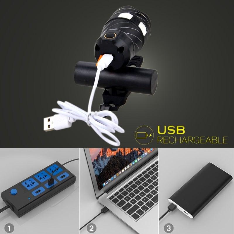 Phare de vélo LED zoomable Lampe frontale de vélo avec batterie intégrée rechargeable USB Kit de lampes de vélo Phare avant et arrière puissants rechargeables USB