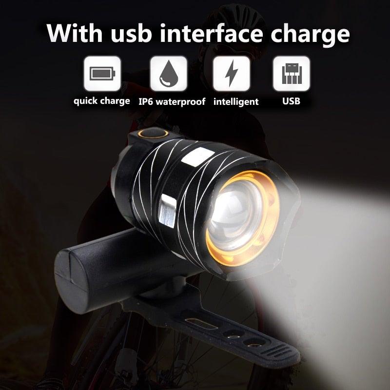 Phare de vélo LED zoomable Lampe frontale de vélo avec batterie intégrée rechargeable USB Kit de lampes de vélo Phare avant et arrière puissants rechargeables USB