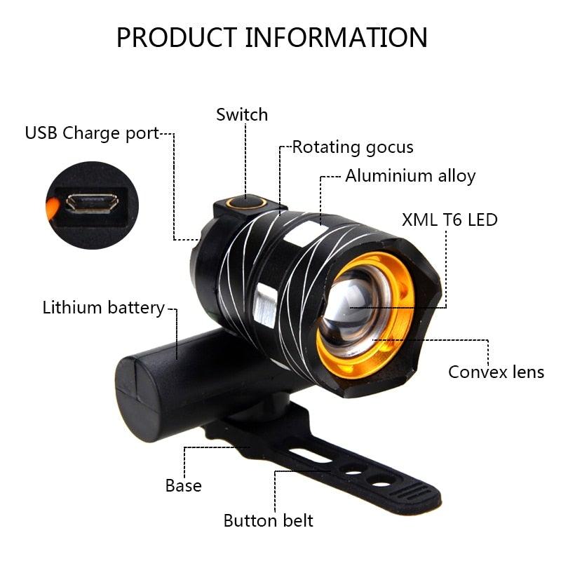 Phare de vélo LED zoomable Lampe frontale de vélo avec batterie intégrée rechargeable USB Kit de lampes de vélo Phare avant et arrière puissants rechargeables USB