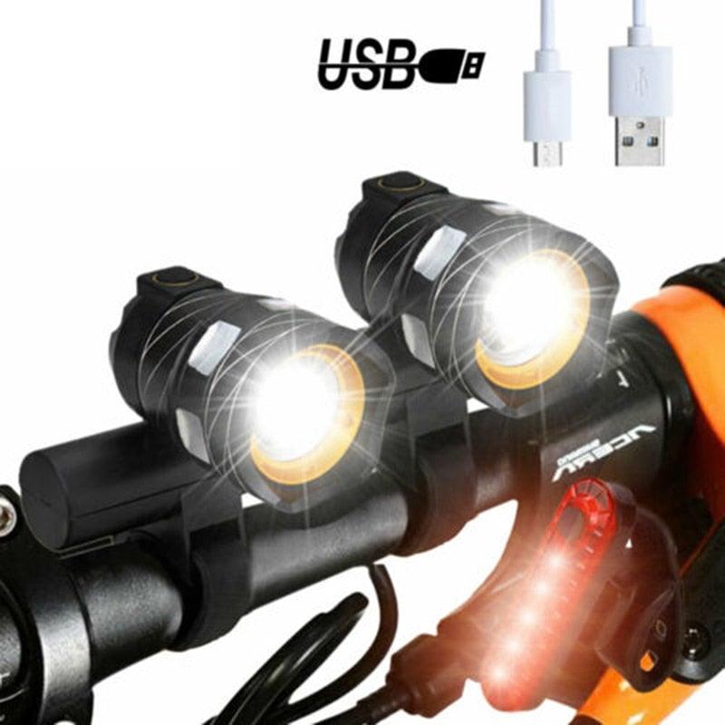 Phare de vélo LED zoomable Lampe frontale de vélo avec batterie intégrée rechargeable USB Kit de lampes de vélo Phare avant et arrière puissants rechargeables USB