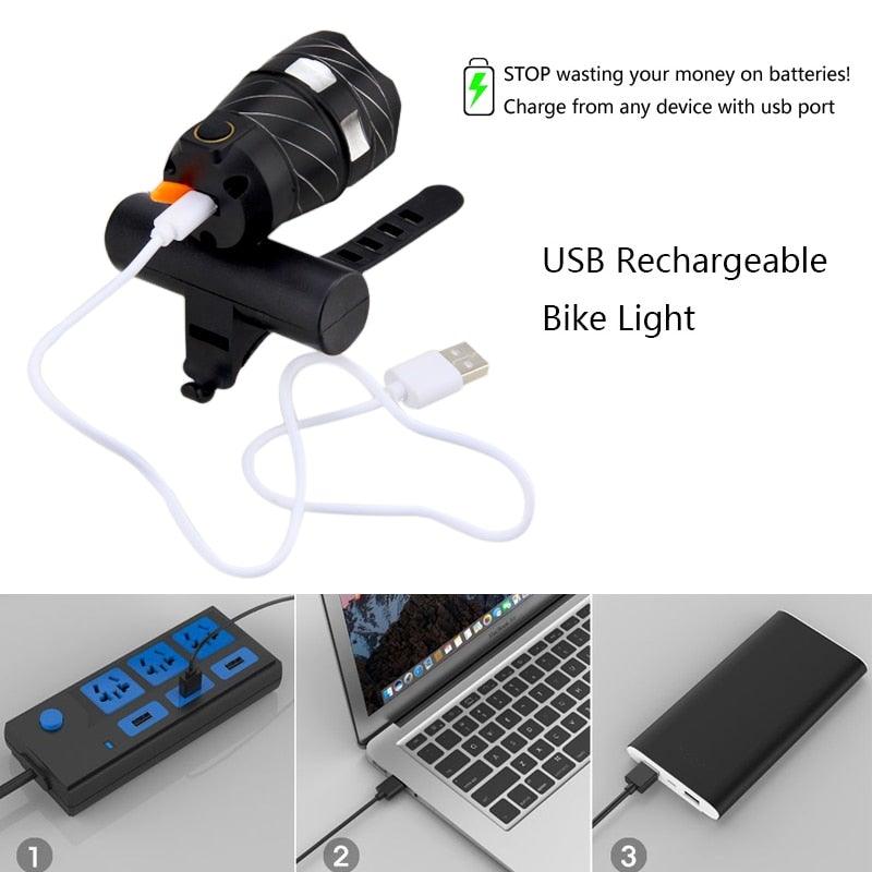 Phare de vélo LED zoomable Lampe frontale de vélo avec batterie intégrée rechargeable USB Kit de lampes de vélo Phare avant et arrière puissants rechargeables USB